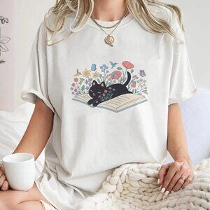Cute Cat On Book With Wildflowers Shirt, Graphic Shirt, Cat Floral Shirt